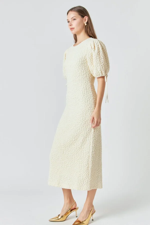 ENGLISH FACTORY Puff Sleeve | Tops*- Textured Fabric Smocked Midi Dress