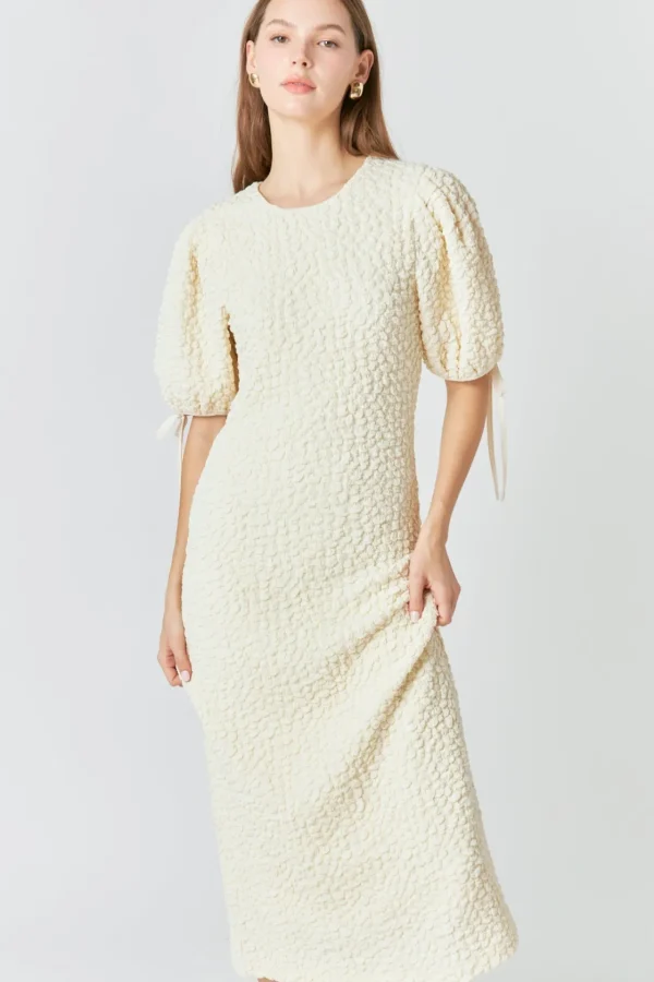 ENGLISH FACTORY Puff Sleeve | Tops*- Textured Fabric Smocked Midi Dress