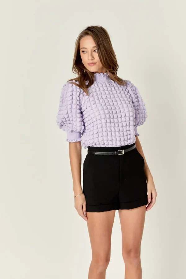 ENGLISH FACTORY Tops*- Textured Mock Neck Short Sleeve Blouse
