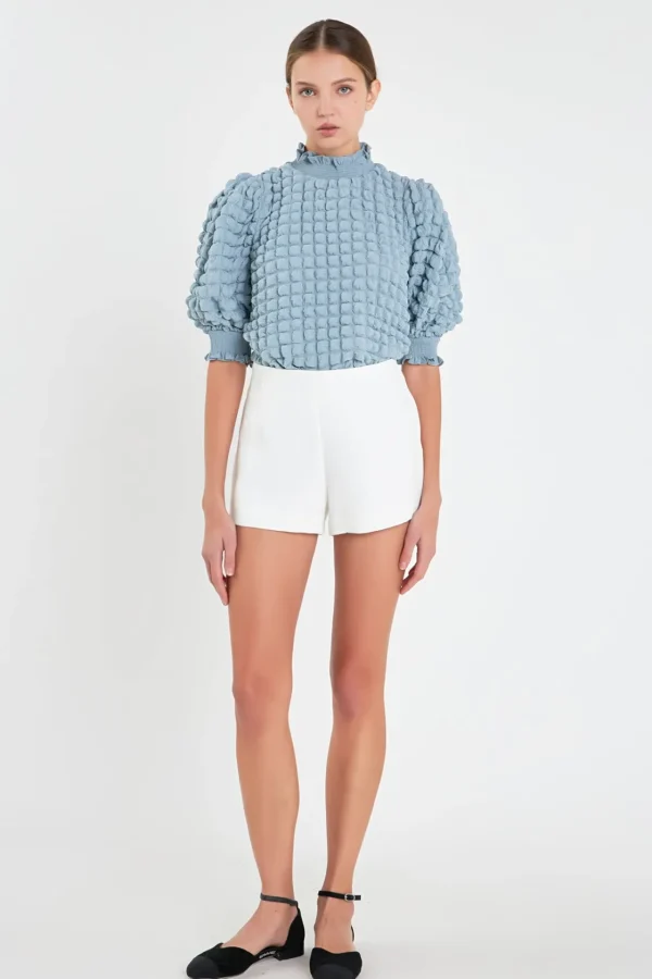 ENGLISH FACTORY Tops*- Textured Mock Neck Short Sleeve Blouse