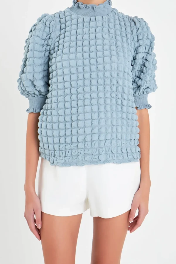 ENGLISH FACTORY Tops*- Textured Mock Neck Short Sleeve Blouse