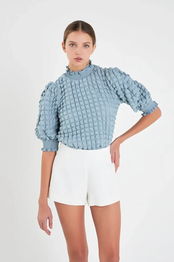 ENGLISH FACTORY Tops*- Textured Mock Neck Short Sleeve Blouse