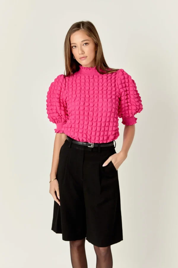 ENGLISH FACTORY Tops*- Textured Mock Neck Short Sleeve Blouse