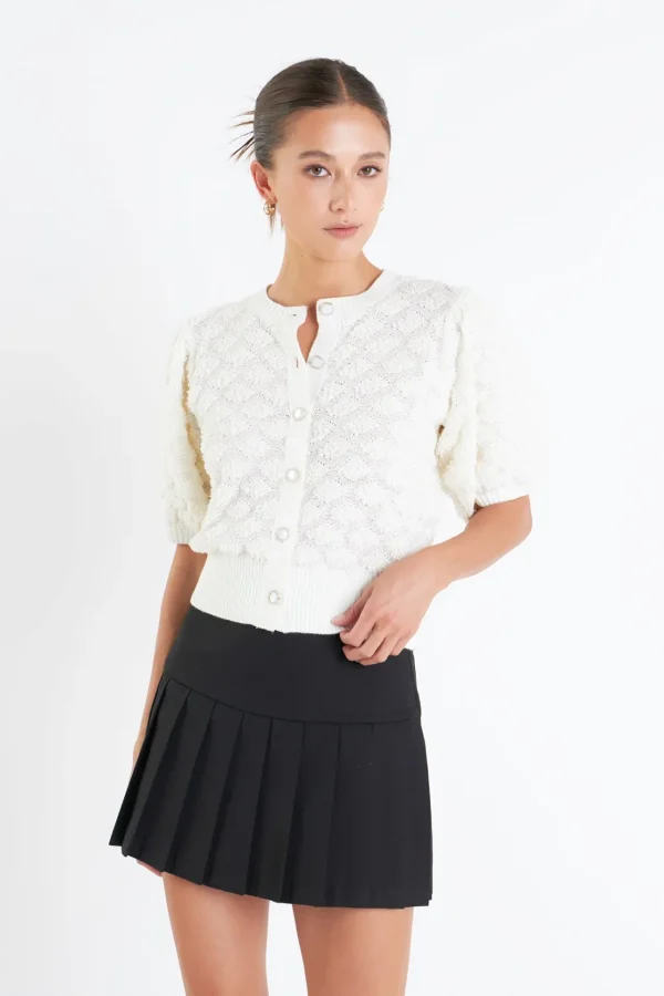 ENGLISH FACTORY Sweaters & Knits | Tops*- Textured Puff Short Sleeve Cardigan IVORY