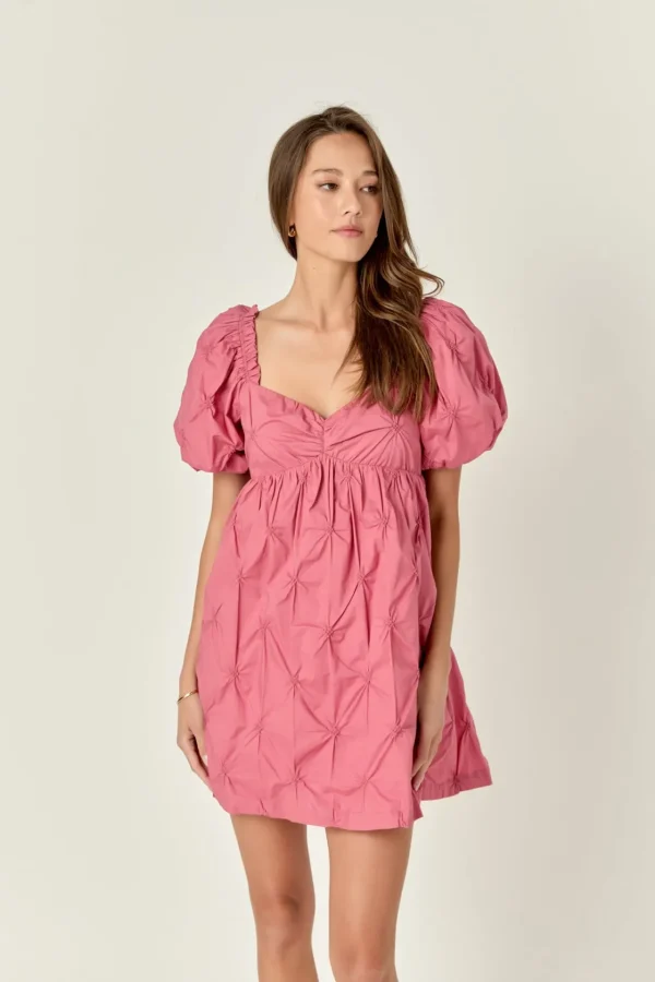 ENGLISH FACTORY Puff Sleeve | Tops*- Textured Babydoll Mini Dress MAUVE