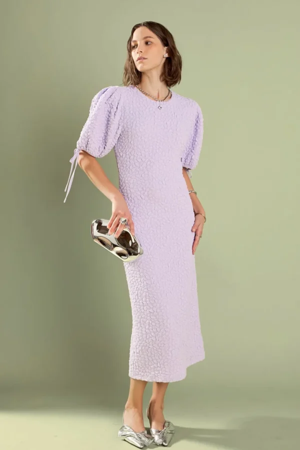 ENGLISH FACTORY Puff Sleeve | Tops*- Textured Fabric Smocked Midi Dress