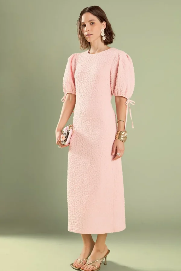 ENGLISH FACTORY Puff Sleeve | Tops*- Textured Fabric Smocked Midi Dress
