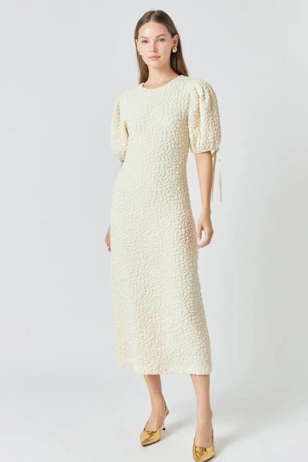 ENGLISH FACTORY Puff Sleeve | Tops*- Textured Fabric Smocked Midi Dress
