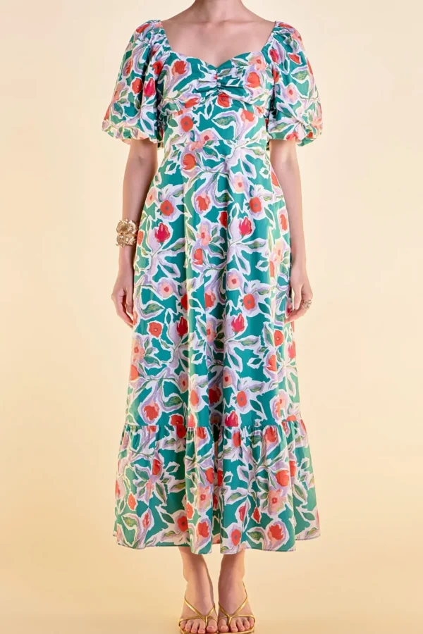 ENGLISH FACTORY Puff Sleeve | Floral Dresses*- Tie Back Maxi Dress MULTI