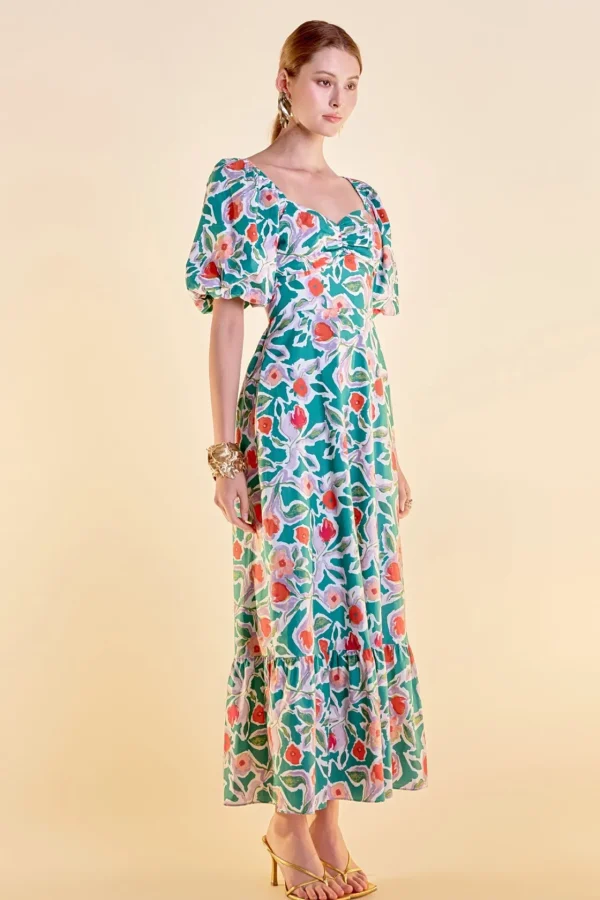 ENGLISH FACTORY Puff Sleeve | Floral Dresses*- Tie Back Maxi Dress MULTI