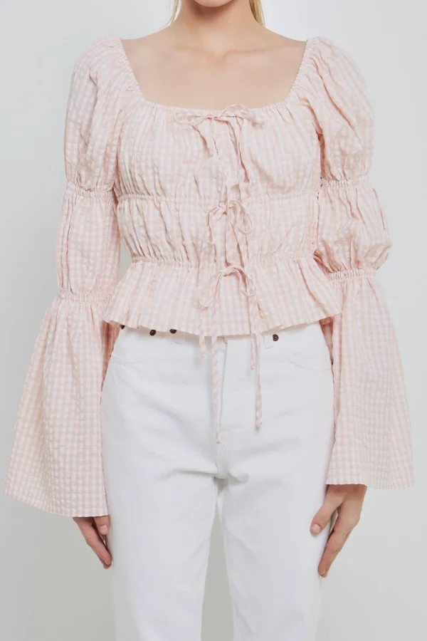 ENGLISH FACTORY Tops*- Tie Detailed Shirring Top with Long Sleeves BLUSH