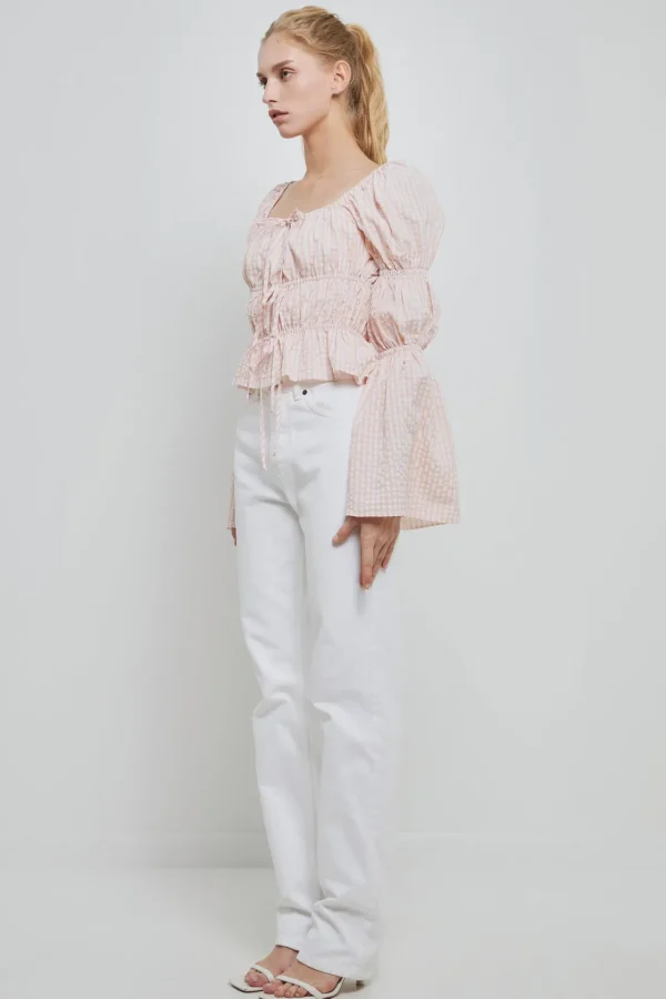 ENGLISH FACTORY Tops*- Tie Detailed Shirring Top with Long Sleeves BLUSH