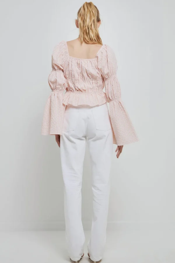 ENGLISH FACTORY Tops*- Tie Detailed Shirring Top with Long Sleeves BLUSH
