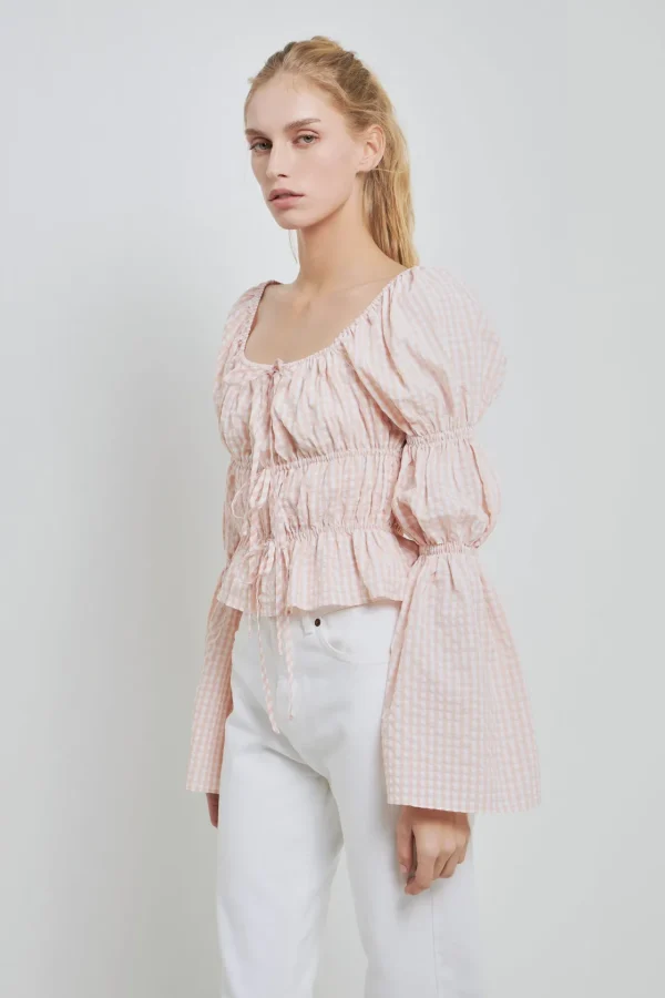 ENGLISH FACTORY Tops*- Tie Detailed Shirring Top with Long Sleeves BLUSH