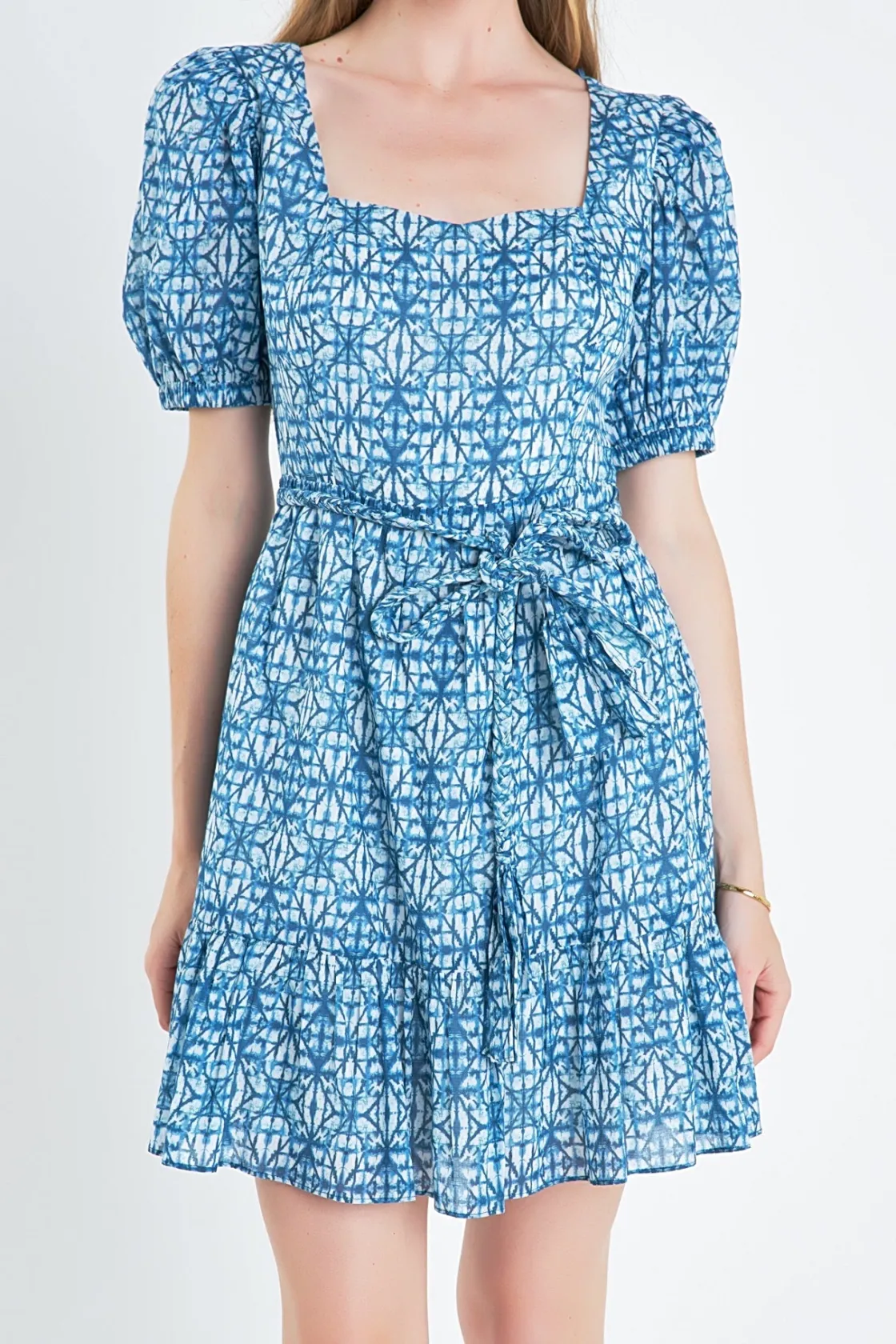 english_factory__tie_dye__0.webp ENGLISH FACTORY Tops*- Tie Dye Print Braided Belt Mini Dress BLUE