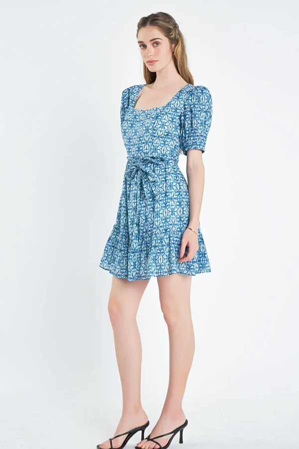 ENGLISH FACTORY Tops*- Tie Dye Print Braided Belt Mini Dress BLUE