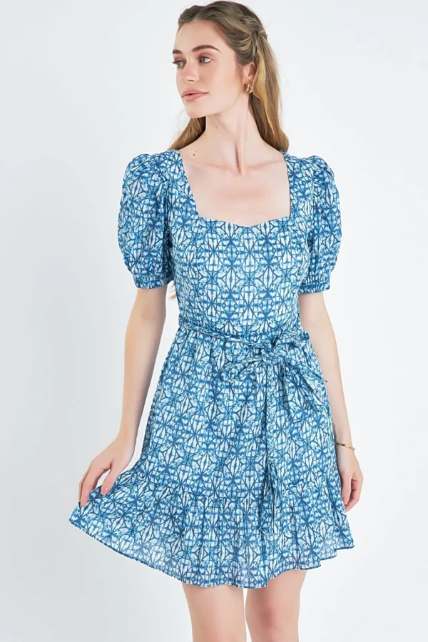 ENGLISH FACTORY Tops*- Tie Dye Print Braided Belt Mini Dress BLUE