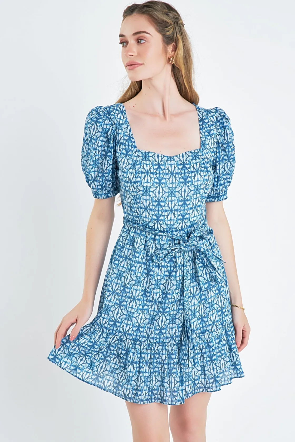 english_factory__tie_dye__3.webp ENGLISH FACTORY Tops*- Tie Dye Print Braided Belt Mini Dress BLUE