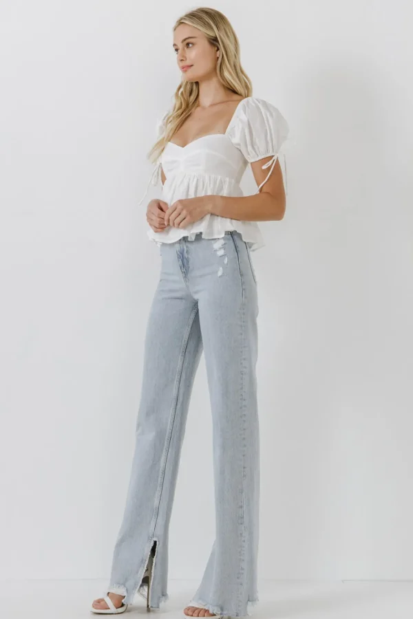 ENGLISH FACTORY Tops*- Tied Strap Puff Sleeve Woven Top