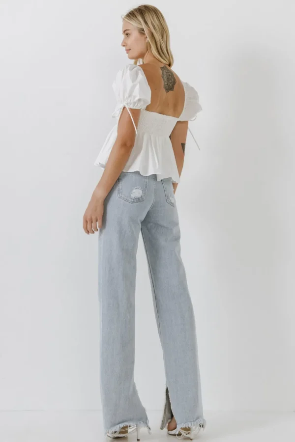 ENGLISH FACTORY Tops*- Tied Strap Puff Sleeve Woven Top
