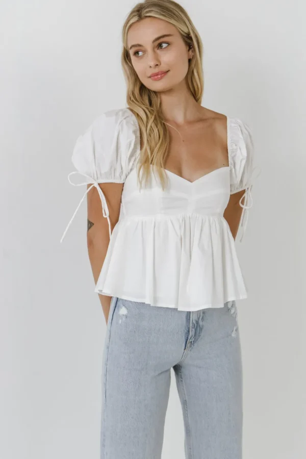 ENGLISH FACTORY Tops*- Tied Strap Puff Sleeve Woven Top