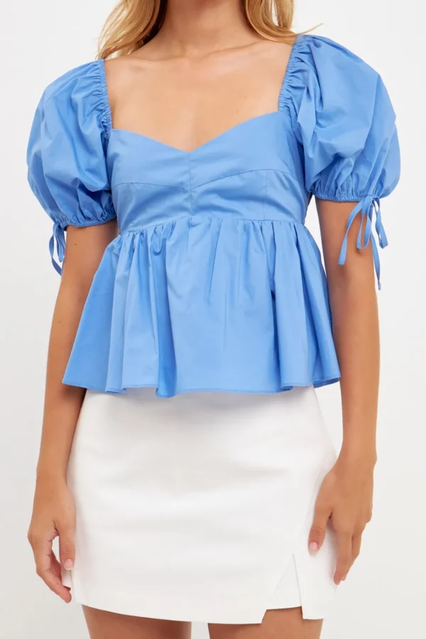 ENGLISH FACTORY Tops*- Tied Strap Puff Sleeve Woven Top