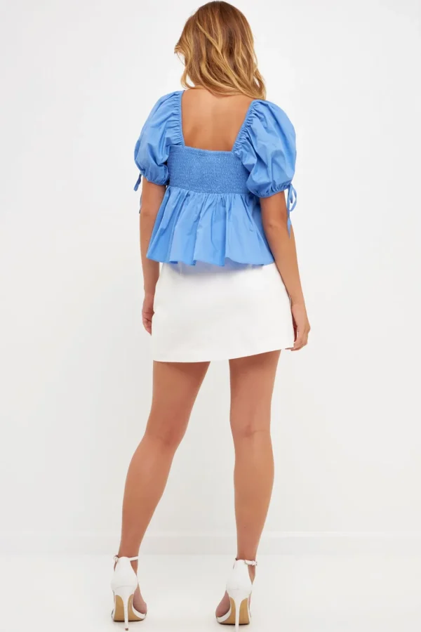 ENGLISH FACTORY Tops*- Tied Strap Puff Sleeve Woven Top