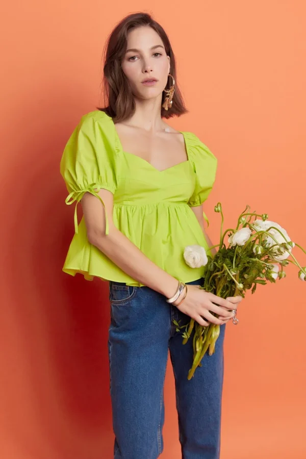 ENGLISH FACTORY Tops*- Tied Strap Puff Sleeve Woven Top