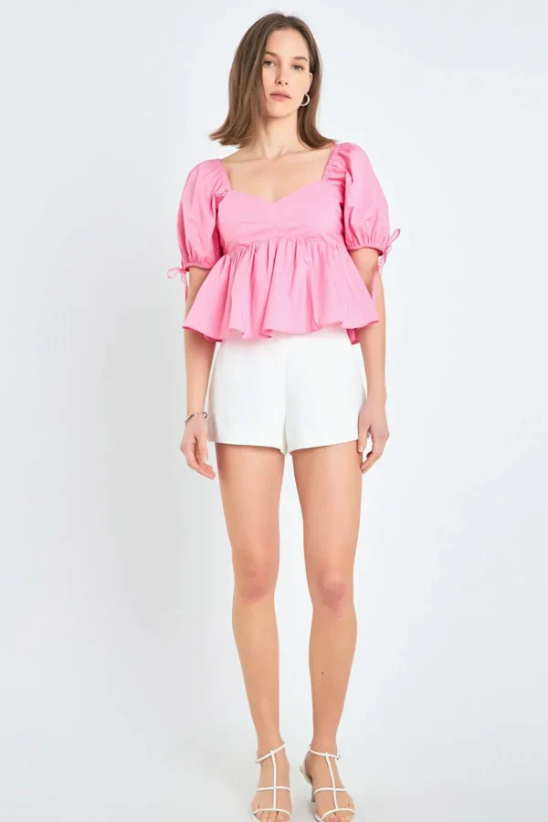 ENGLISH FACTORY Tops*- Tied Strap Puff Sleeve Woven Top