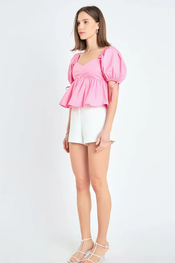 ENGLISH FACTORY Tops*- Tied Strap Puff Sleeve Woven Top