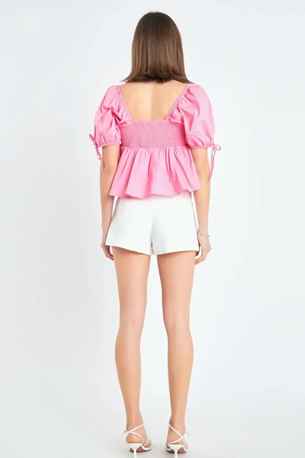 ENGLISH FACTORY Tops*- Tied Strap Puff Sleeve Woven Top