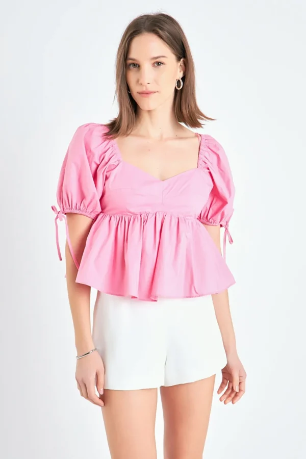 ENGLISH FACTORY Tops*- Tied Strap Puff Sleeve Woven Top