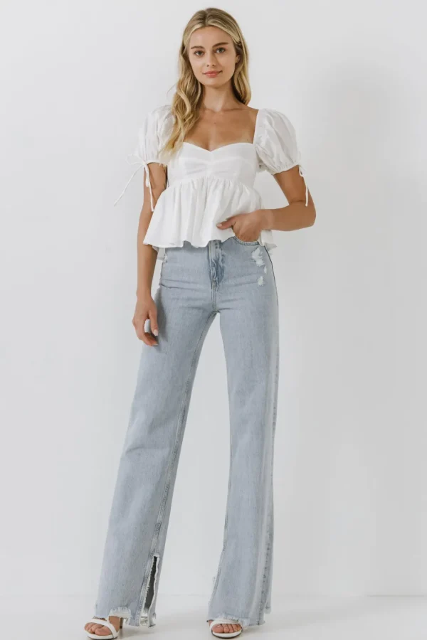 ENGLISH FACTORY Tops*- Tied Strap Puff Sleeve Woven Top