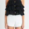 ENGLISH FACTORY Tops*- Tiered Broderie Lace Top with Buttons BLACK