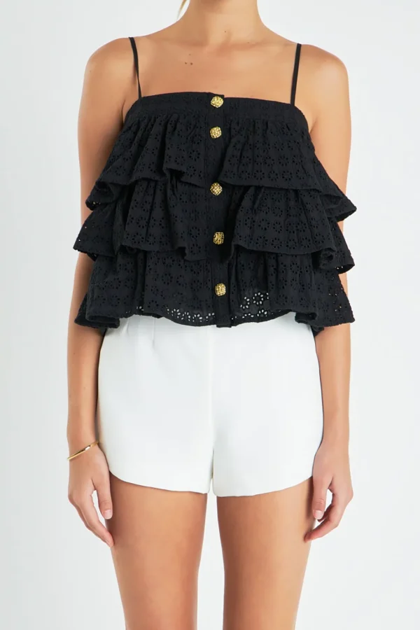 ENGLISH FACTORY Tops*- Tiered Broderie Lace Top with Buttons BLACK