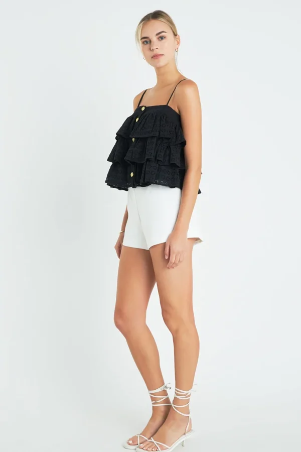 ENGLISH FACTORY Tops*- Tiered Broderie Lace Top with Buttons BLACK