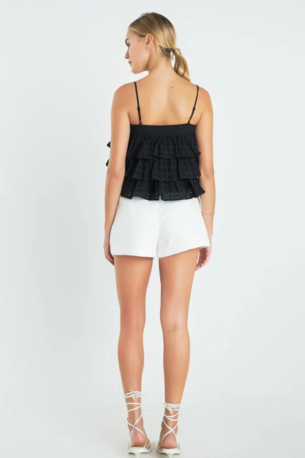 ENGLISH FACTORY Tops*- Tiered Broderie Lace Top with Buttons BLACK