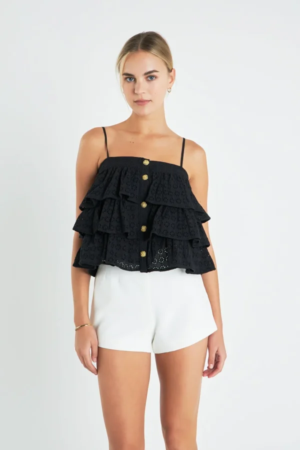ENGLISH FACTORY Tops*- Tiered Broderie Lace Top with Buttons BLACK