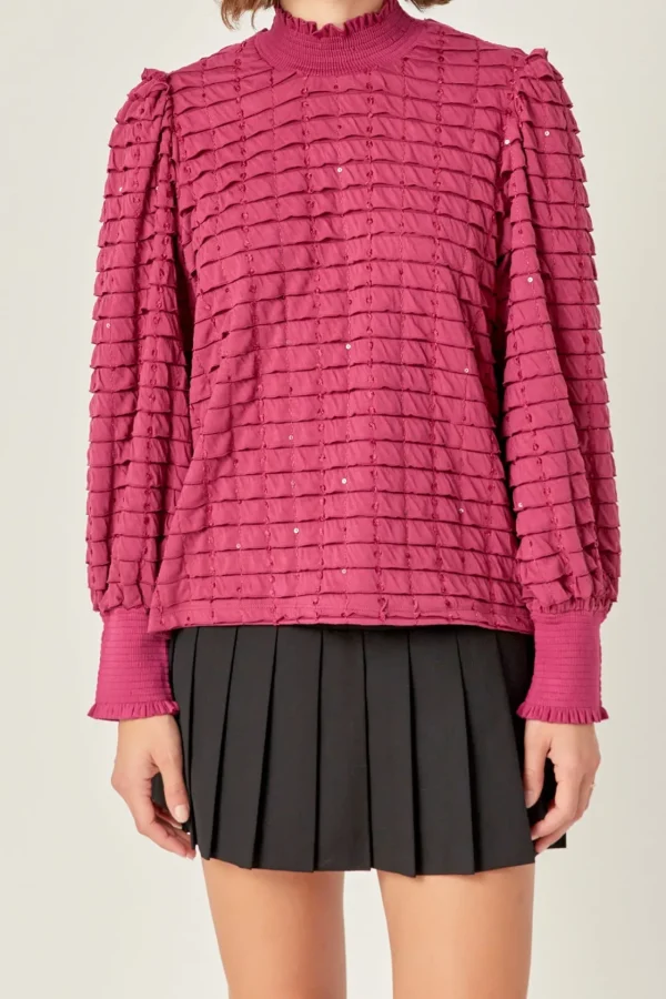 ENGLISH FACTORY Shirts & Blouses | Tops*- Tiered Jersey Top Mock Neck Blouse BERRY