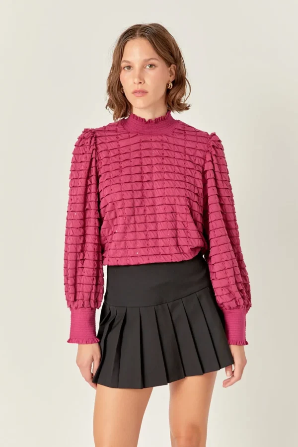 ENGLISH FACTORY Shirts & Blouses | Tops*- Tiered Jersey Top Mock Neck Blouse BERRY