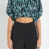 ENGLISH FACTORY Tops*- Tiger Print Voluminous Cropped Top AQUAMULTI