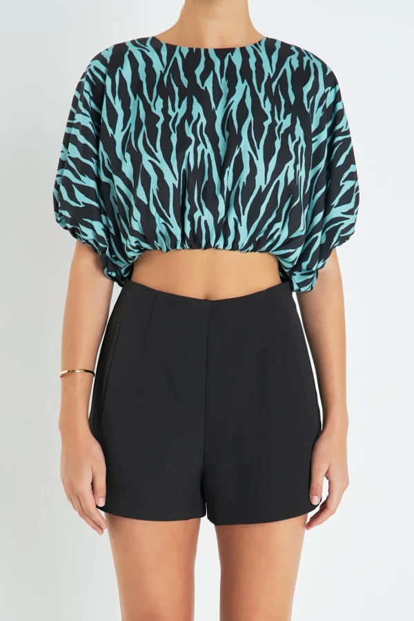 ENGLISH FACTORY Tops*- Tiger Print Voluminous Cropped Top AQUAMULTI