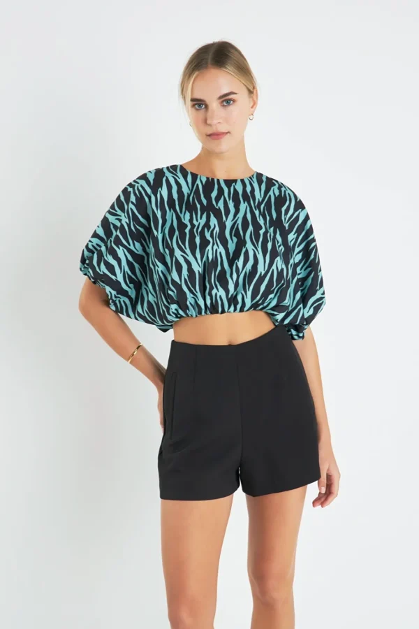 ENGLISH FACTORY Tops*- Tiger Print Voluminous Cropped Top AQUAMULTI