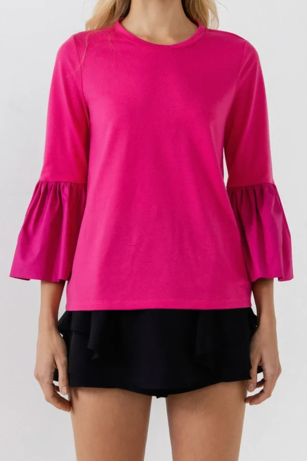 ENGLISH FACTORY Tops*- T-shirt with Ruffle Detail at Sleeve FUCHSIA