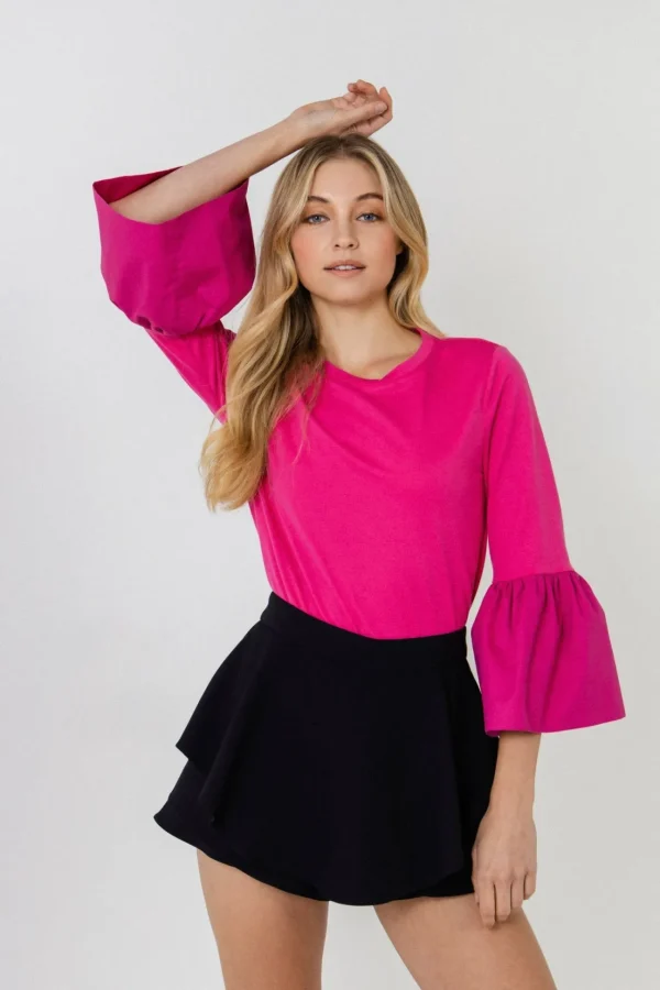 ENGLISH FACTORY Tops*- T-shirt with Ruffle Detail at Sleeve FUCHSIA