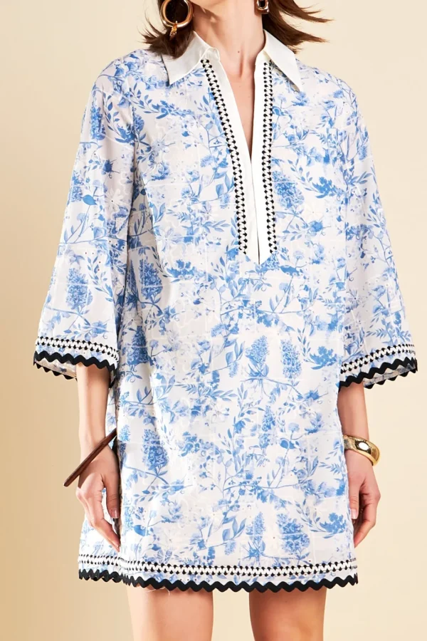 ENGLISH FACTORY Tops*- Tunic Dress with Trim Detail BLUE/OFFWHITE