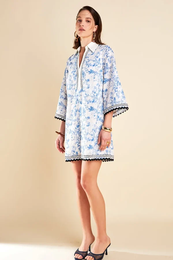 ENGLISH FACTORY Tops*- Tunic Dress with Trim Detail BLUE/OFFWHITE