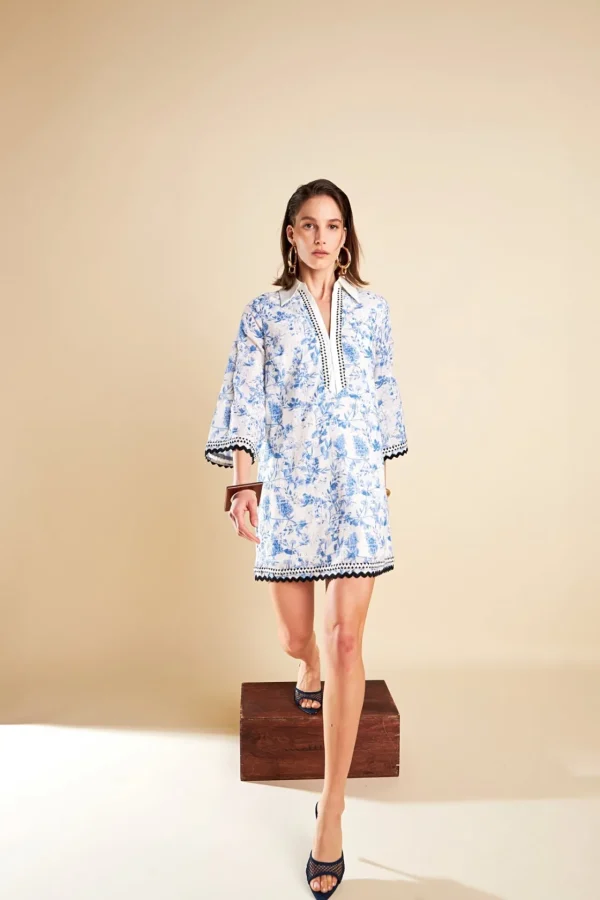 ENGLISH FACTORY Tops*- Tunic Dress with Trim Detail BLUE/OFFWHITE