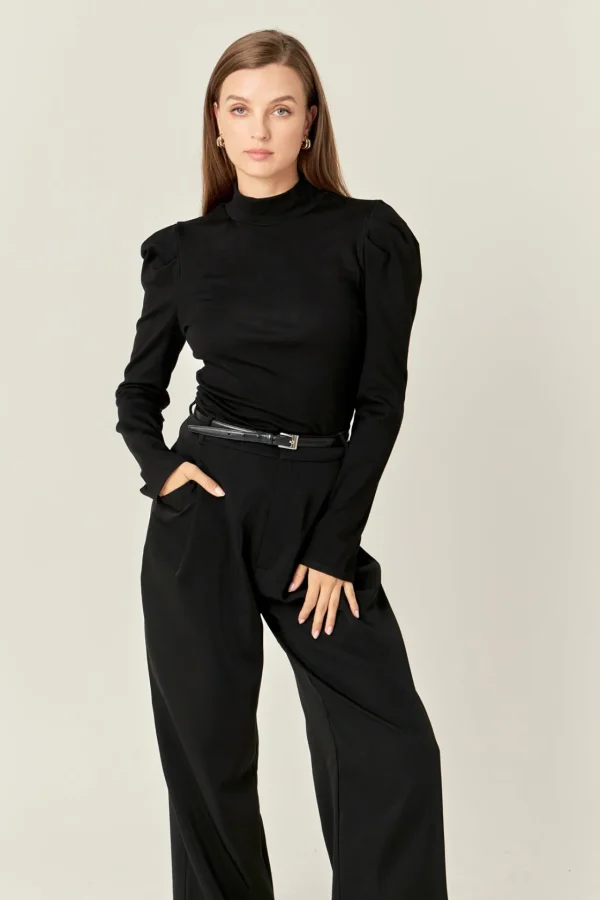 ENGLISH FACTORY Tops*- Turtle Neck Rib Top BLACK
