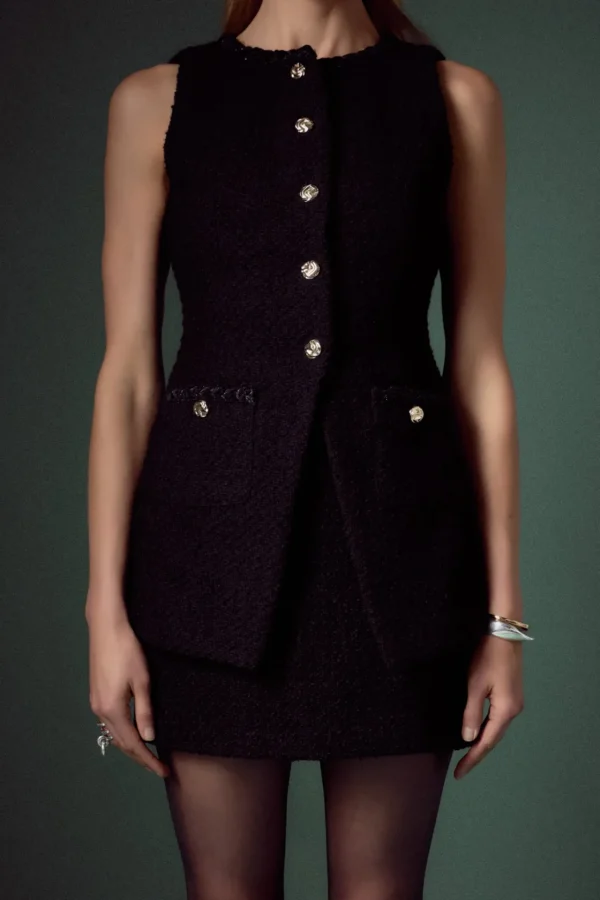 ENGLISH FACTORY Vest | Matching Sets*- Tweed Long Vest BLACK